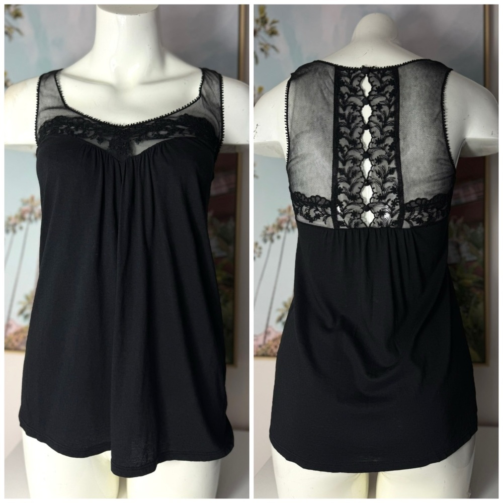 Rebecca Taylor Black Lace Scoop Neck Ruched Racerback Sleeveless Top XS 2